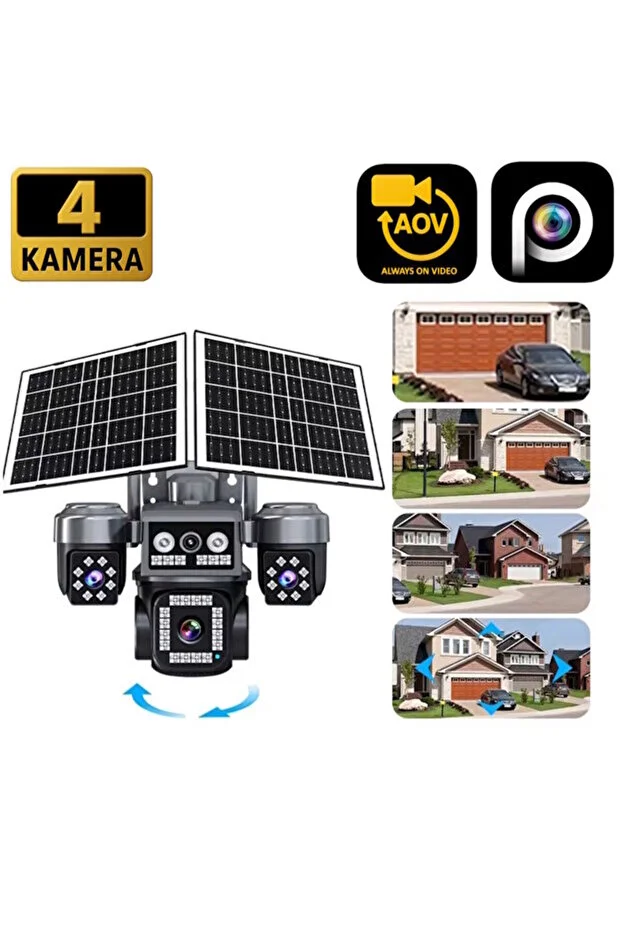 4 Kameralı E-SIM Güneş Enerjili Güvenlik Kamerası – Çift Güneş Paneli, SIM Kartlı AOV Akıllı Kamera